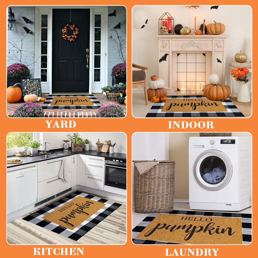 2 Pcs Fall Door Mat Combo Set Imitation Coir Welcome Mat, 43" x 28" Buffalo Plaid Rug Outdoor for Fall Halloween Thanksgiving Rustic Farmhouse Indoor Autumn Mats Hello Pumpkin (Black and White Plaid)