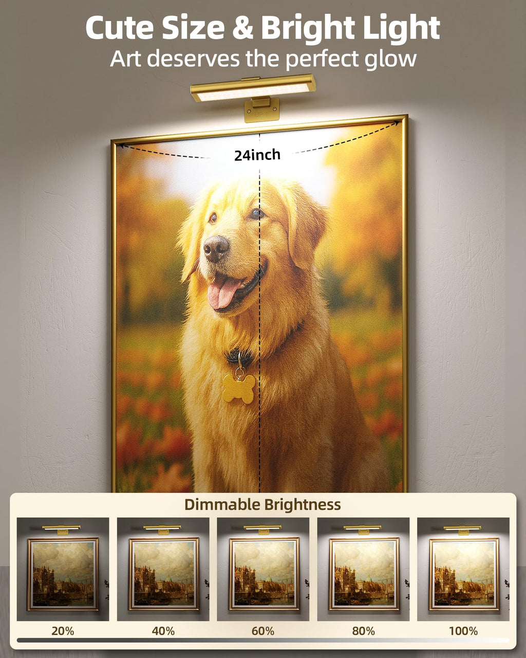 EZVALO Picture Light for Wall, Rechargeable 2400mAh Battery Lights Wireless with IR Remote, 3 Color & Dimmable Magnetic 7.87'' LED Lights Display for Painting, Living Room, Gallery, Bedroom(Gold-3P)