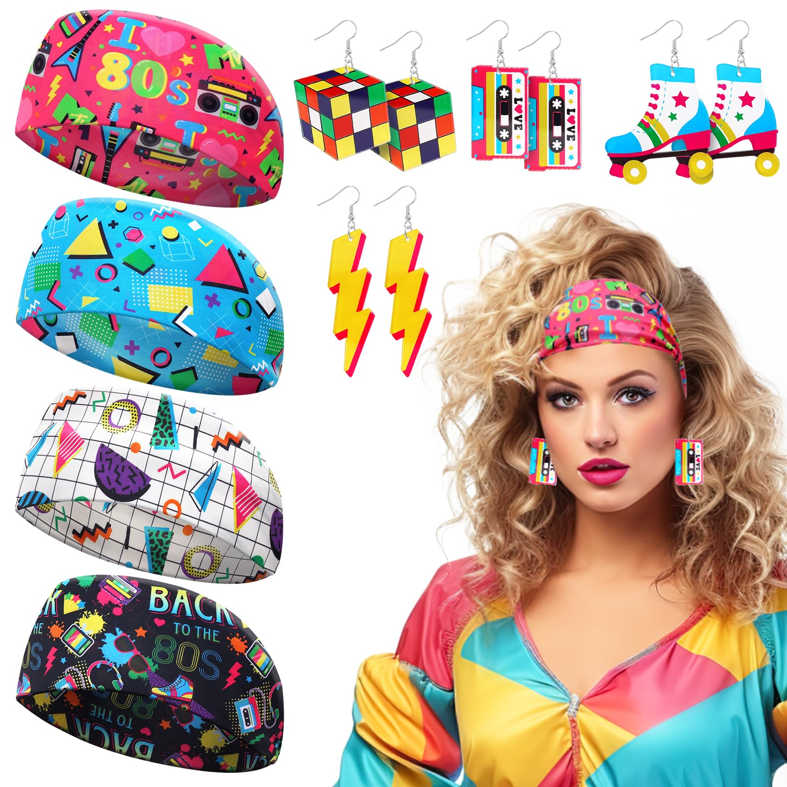 Yussti 80S Accessories for Women 4 Pairs Retro Earrings 4 PCS Headbands