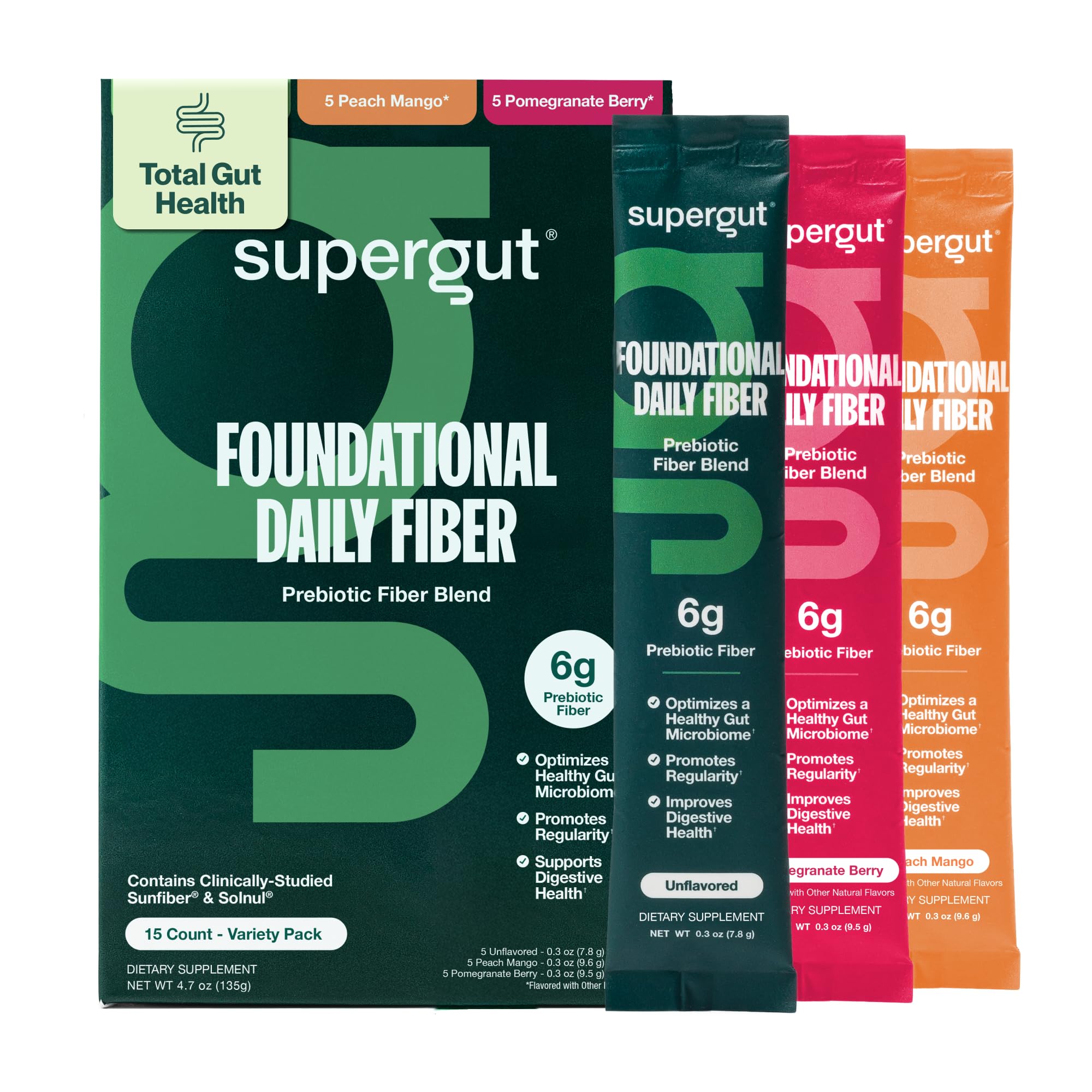 Supergut Foundational Daily Fiber, Vegan & Sugar Free Prebiotic Powder Blend for Gut Health & Digestive Support, Plant Based Supplement for Men & Women with 6g of Fiber, Variety Pack, 15 Stick Packs