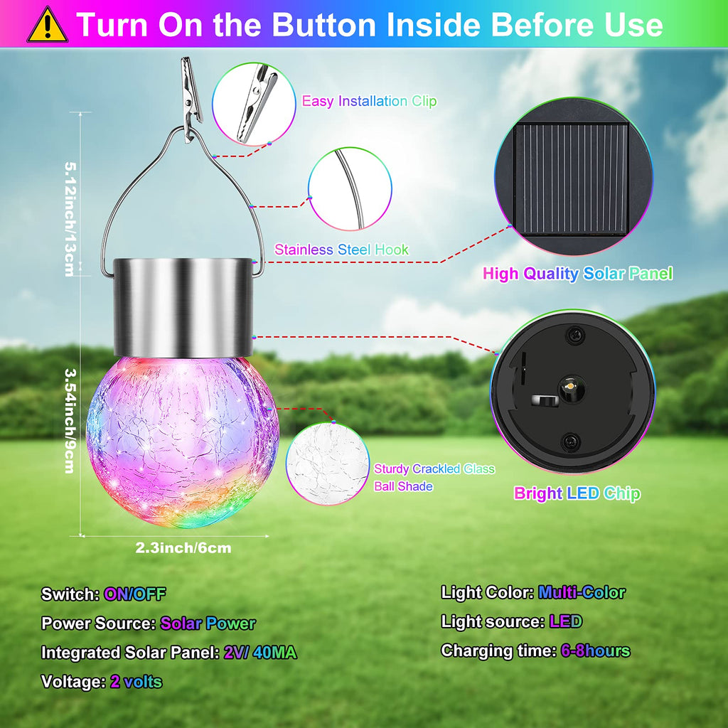 12Pack Outdoor Hanging Solar Lights, Cracked Glass Ball Lights, Multicolor