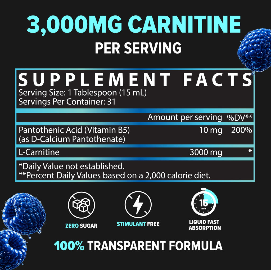 Nutrex Research L Carnitine 3000 - Clinically Dosed L-Carnitine Liquid for Energy, Metabolism & Muscle Recovery - No Sugar, No Carbs, No Stimulants - 31 Servings (Blue Raspberry, 31 Servings)