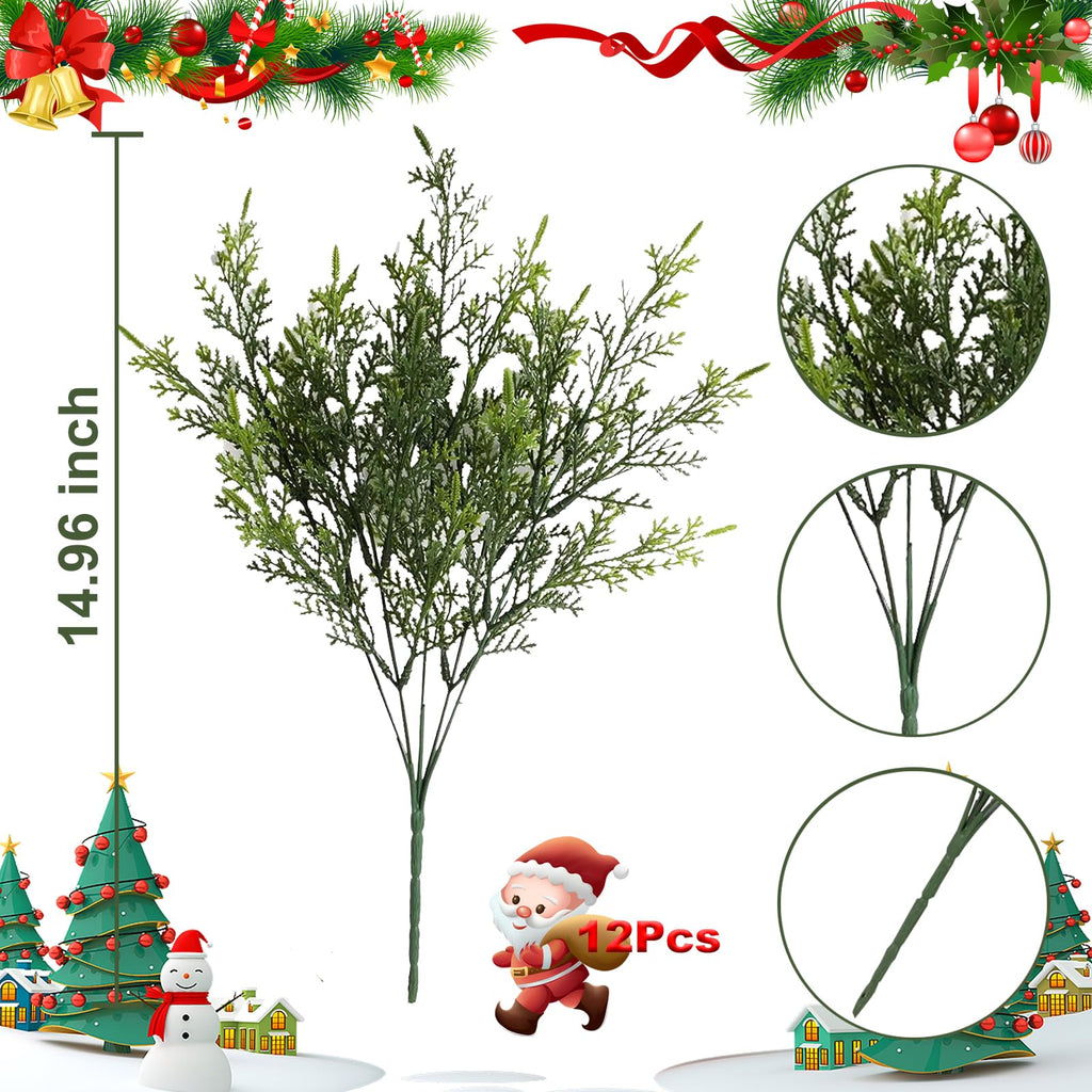 Yoratee Artificial Outdoor Plants 12 PCS Christmas Fake Cedar Pine Stems UV Resistant Faux Greenery Branches for Window Boxes Planters Garden Porch Home Decor