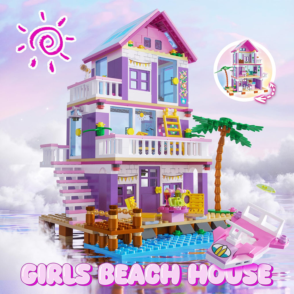 Beach House Building Sets, Seaside Villa House Building Toys Compatible with Lego Friends Sets for Girls Age 8-12, Creative Holiday Cottage Building Kit, Gift for Christmas, Valentine's Day, Party