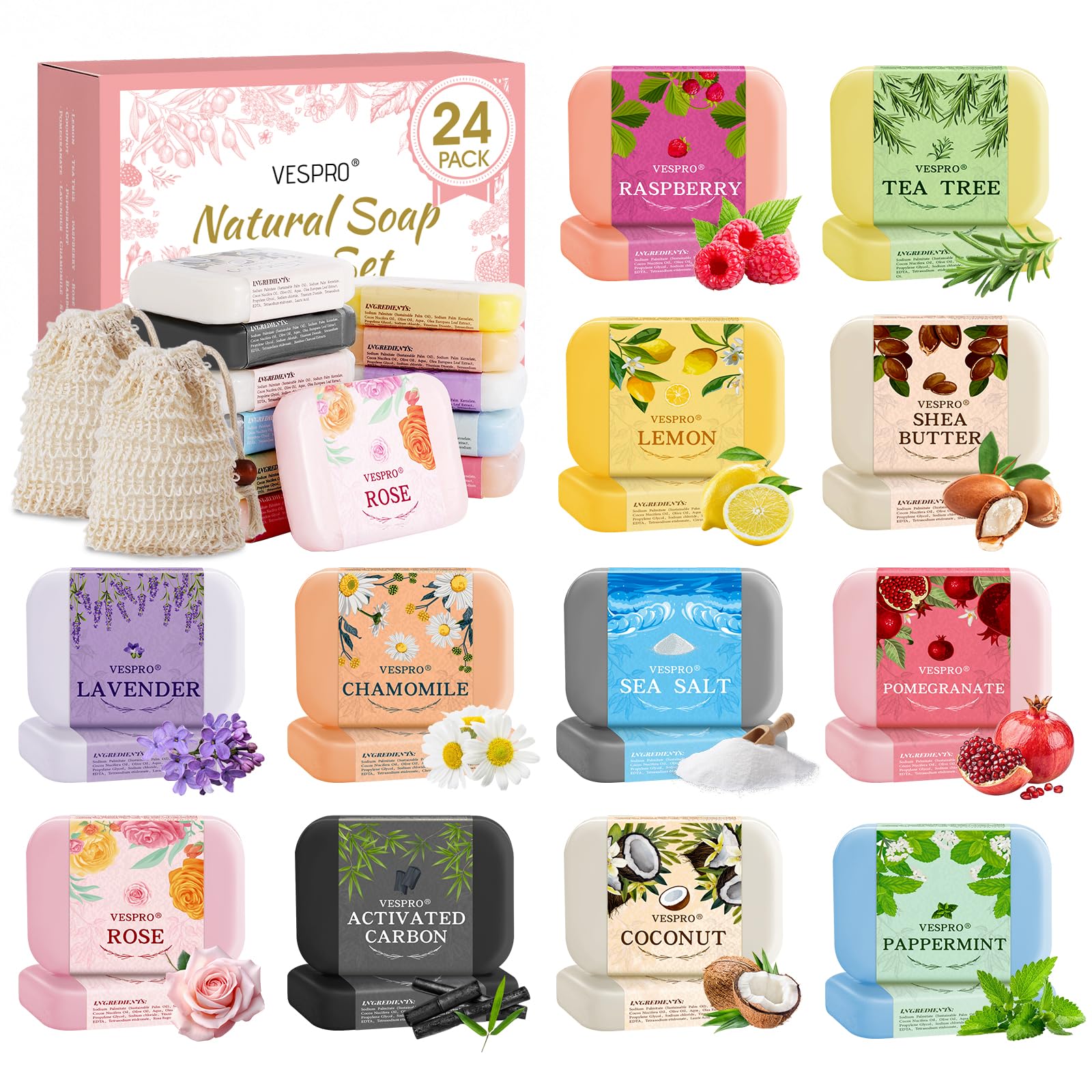 24Pack Natural Bar Soap Gift Set with Olive Extract, Moisturizing, Body Wash & Face, Bulk Gifts for Women, Thank You Gifts, Teacher Appreciation Gifts, Nurse Gifts, Mothers Day Gifts, Travel Size