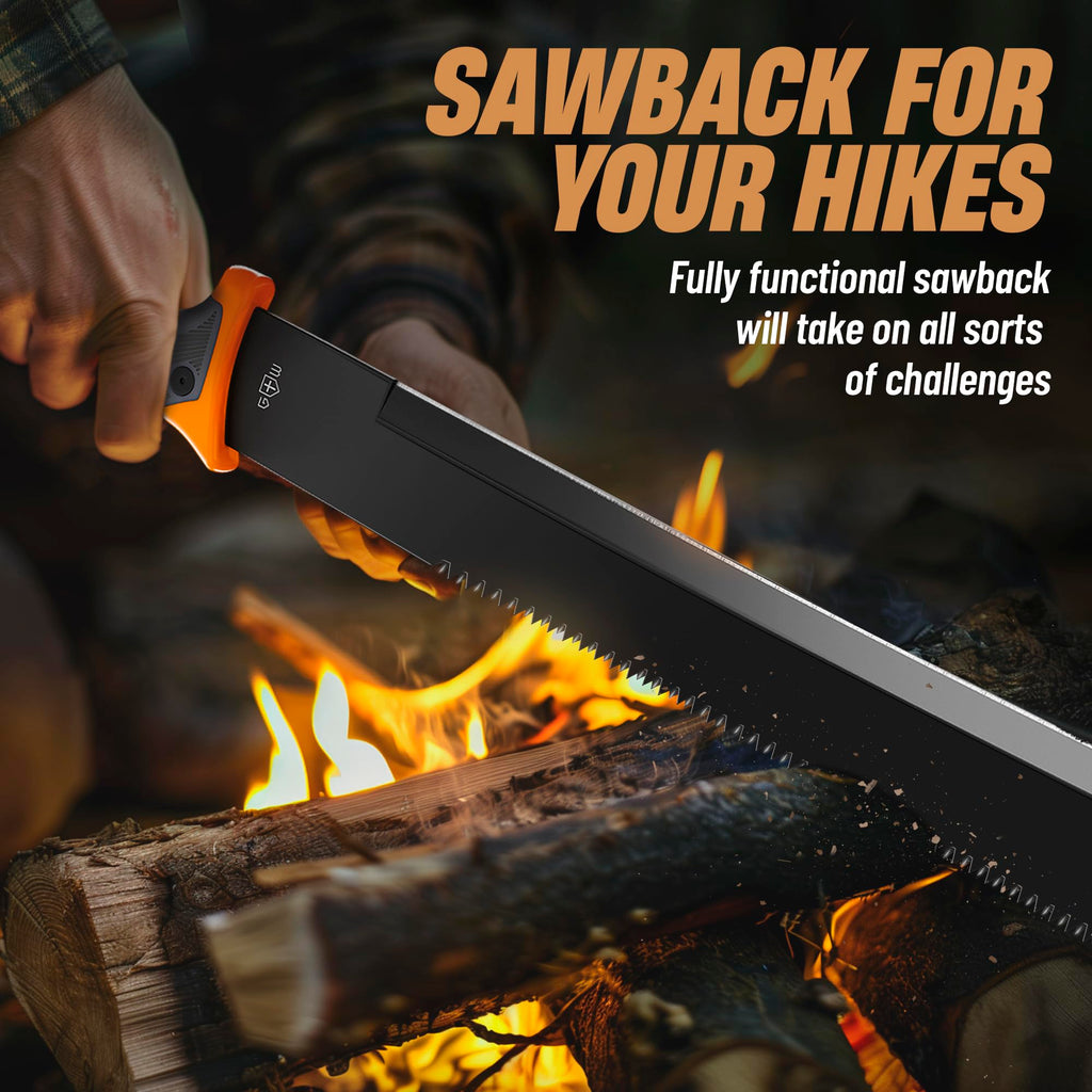 Machete with Saw - 25" Heavy Duty Tool & Sheath - Ergonomic No-Slip Handle - Survival Knife with Serrated Blade - Machetes for Bushcraft Hunting Garden Cutting Trees Yard Work 13153