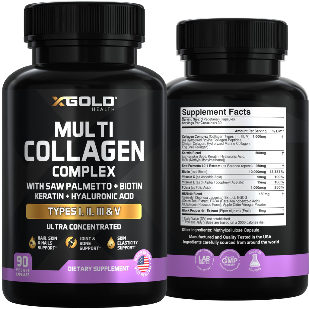 X Gold Health Collagen Complex, Types I, II, III, V, Biotin 10,000 mcg, Keratin, Hyaluronic Acid, Saw Palmetto, Vitamins C & E Advanced HSN Formula for Men & Women 90 Vegan Capsules