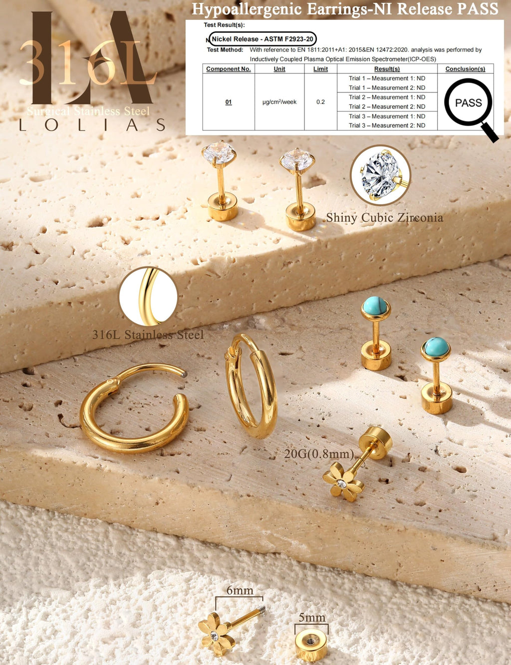 21 Paris Stainless Surgical Steel Flat Back Earrings Hypoallergenic Gold
