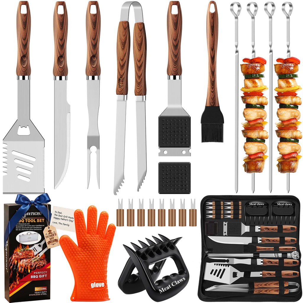 Romanticist 23pcs Stainless Steel BBQ Grill Tools & Accessories Kit, Brown