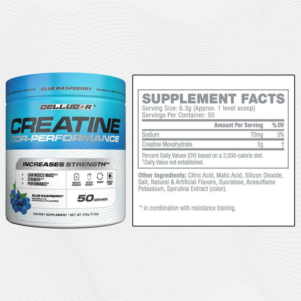 Cellucor Creatine Powder, Blue Raspberry Flavor - Increases Strength, Lean Muscle Mass & Endurance, Micronized Creatine for Fast Absorption, 5g Creatine per Serving, 50 Servings