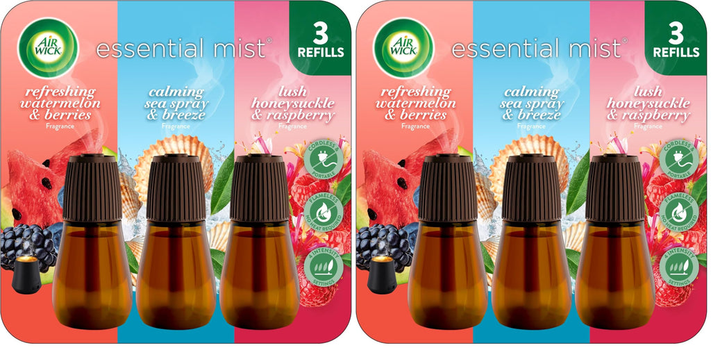 Air Wick Essential Mist Refill Multipack - Watermelon & Berries, Sea Spray & Breeze, Honeysuckle & Raspberry (Pack of 6)