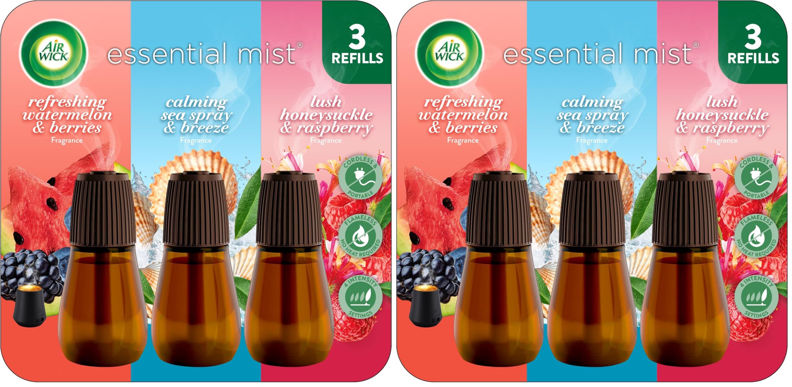 Air Wick Essential Mist Refill Multipack - Watermelon & Berries, Sea Spray & Breeze, Honeysuckle & Raspberry (Pack of 6)