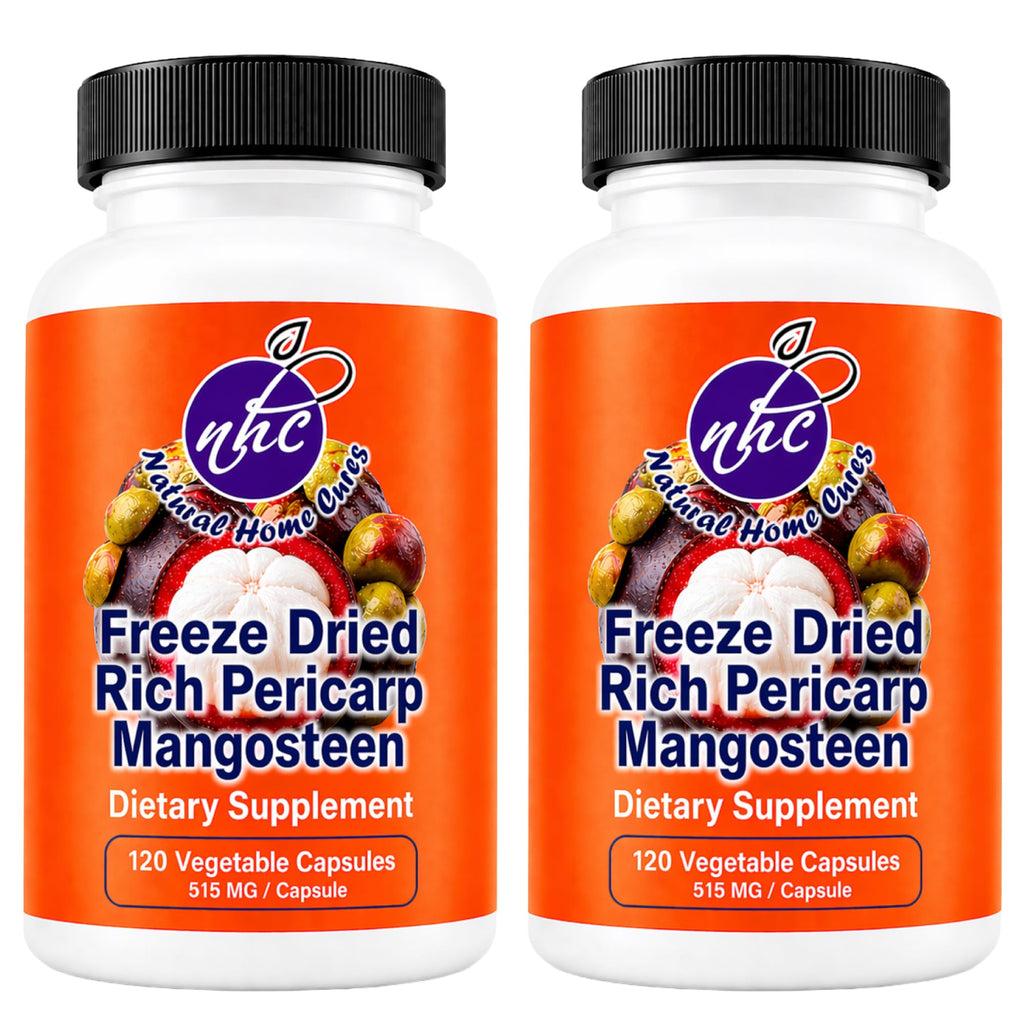 Natural Home Cures Mangosteen Supplement Capsules, Freeze-Dried Pericarp Whole Fruit Rind Powder, Garcinia Mangostana with Xanthones, 515 mg, 2 Bottles, 240 Vegan Capsules (2)