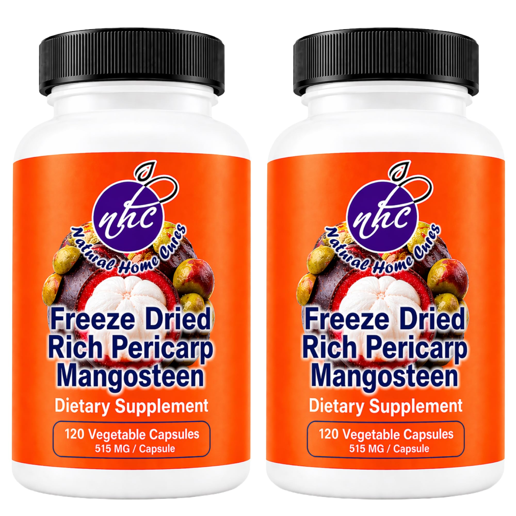 Natural Home Cures Mangosteen Supplement Capsules, Freeze-Dried Pericarp Whole Fruit Rind Powder, Garcinia Mangostana with Xanthones, 515 mg, 2 Bottles, 240 Vegan Capsules (2)
