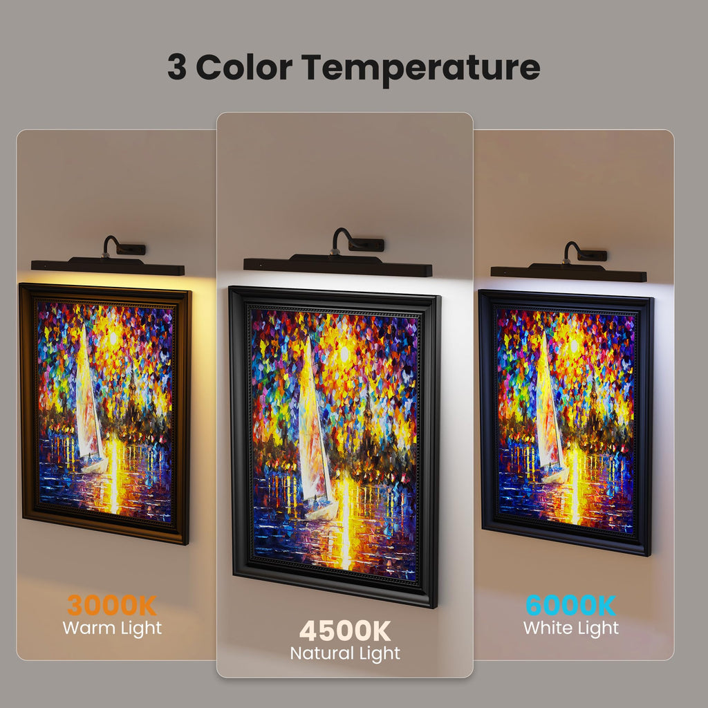 Craftersmark Dimmable Cordless Picture Light for Wall 16n, 5000mAh Rechargeable Battery Wall Sconce Art Light, CRI 95+ 350LM Wall Light for Gallery Artwork, Paintings, Photo, Portraits - Black