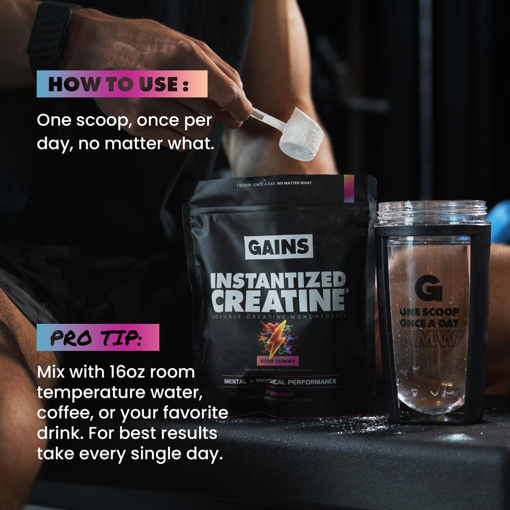Gains in Bulk Instantized Creatine Monohydrate for Men & Women, Soluble Pre Workout Powder, Supports Muscle Building, Strength and Performance, Bodybuilding Supplements, Sour Gummy, 30 Servings