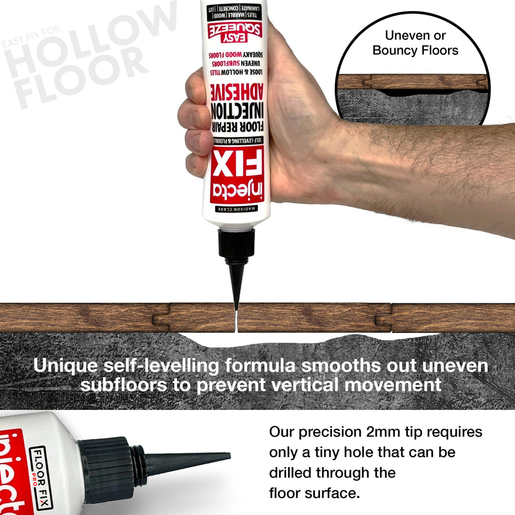 Floor-Fix Pro Easy Squeeze - Extra Strength Adhesive - Fix Loose & Hollow Tiles, Squeaky Wood & Laminate - Includes Built in 5/64” Syringe Tip - No Sealant Gun Required (10.1 Fl Oz)
