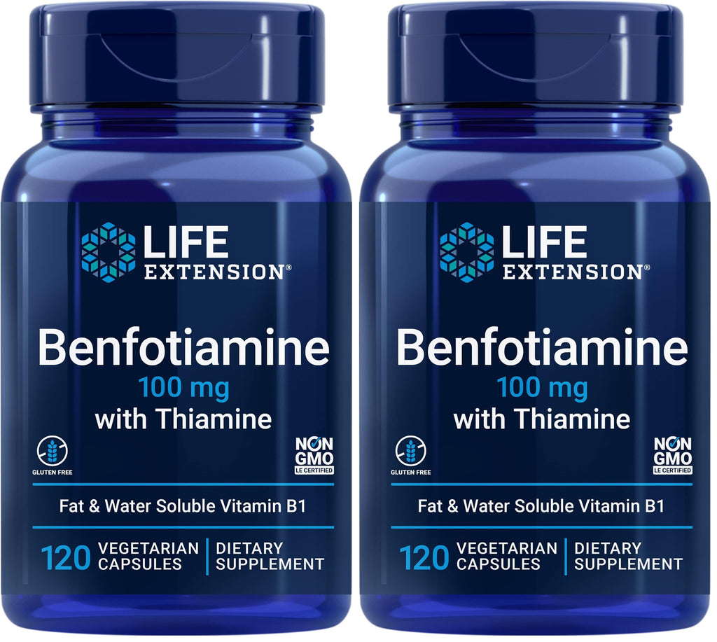 Life Extension Benfotiamine with Thiamine,Healthy Blood Sugar Metabolism Support,100 mg benfotiamine,Cardiovascular Health,Brain Health,Non-GMO,Gluten-Free,120 Vegetarian Capsules,(Pack of 2)