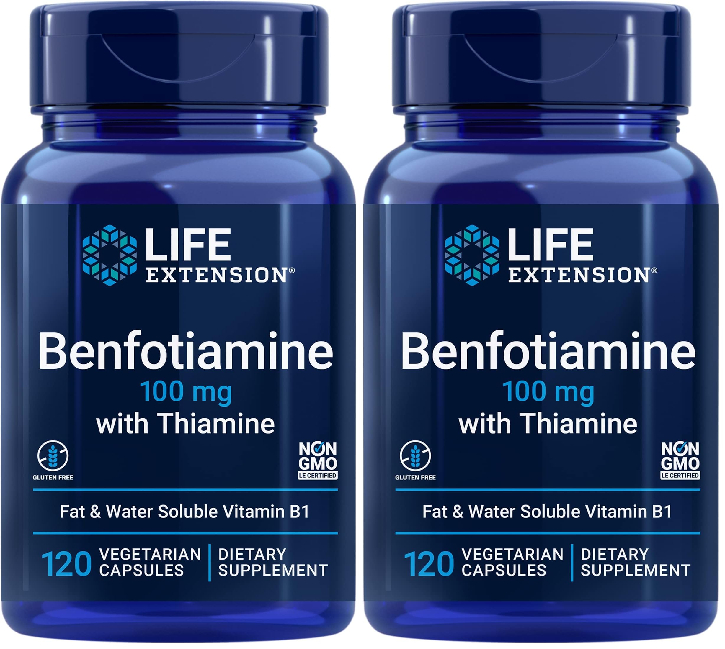 Life Extension Benfotiamine with Thiamine,Healthy Blood Sugar Metabolism Support,100 mg benfotiamine,Cardiovascular Health,Brain Health,Non-GMO,Gluten-Free,120 Vegetarian Capsules,(Pack of 2)
