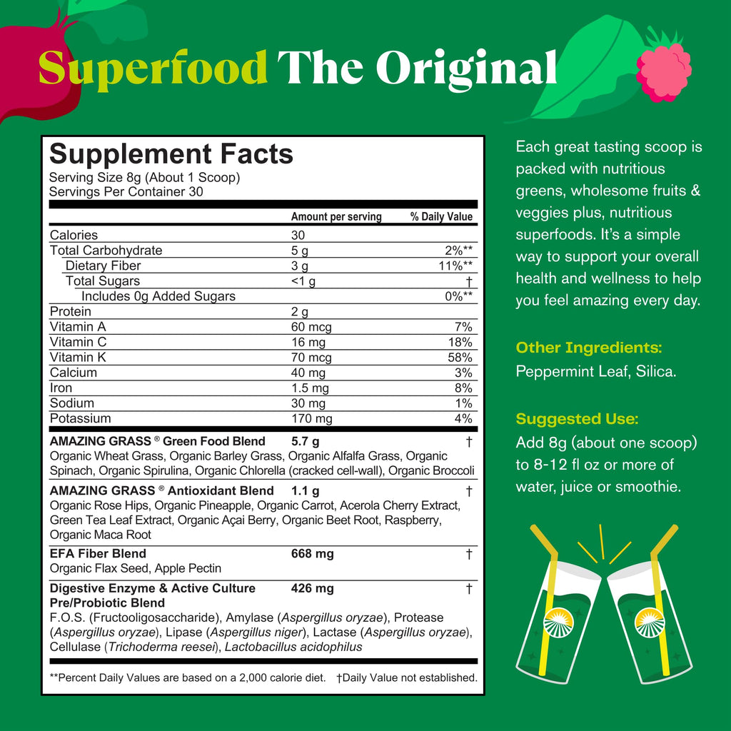 Amazing Grass Greens Blend Superfood:Greens Powder Mix for Energy,with Organic Spirulina,Chlorella,Beet Root Powder,Digestive Enzymes & Probiotics,Original,(Packaging May Vary),30 Servings,(Pack of 2)