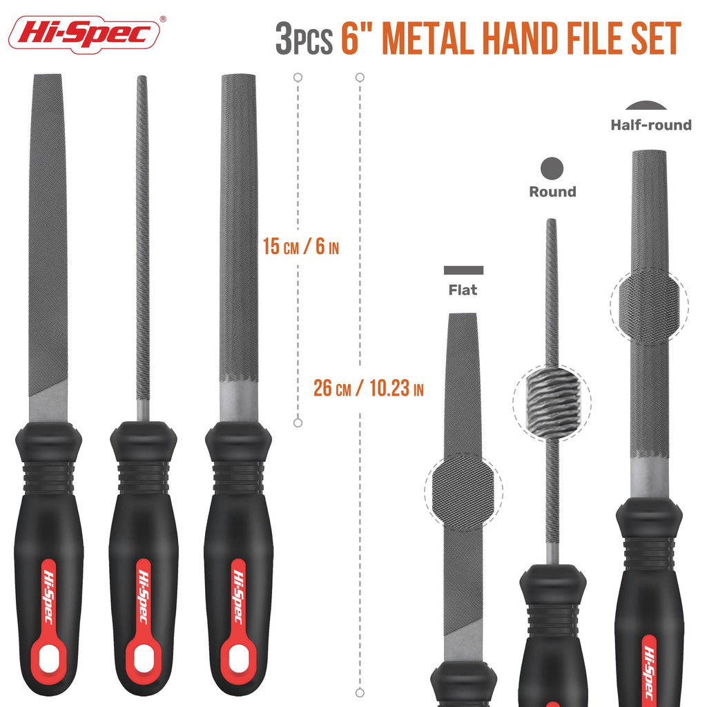 Hi-Spec 3pc Metal Hand File Tool Set Kit. Large Steel Files. Flat, Round & Half-Round for Crafts, Metal & Wood Work