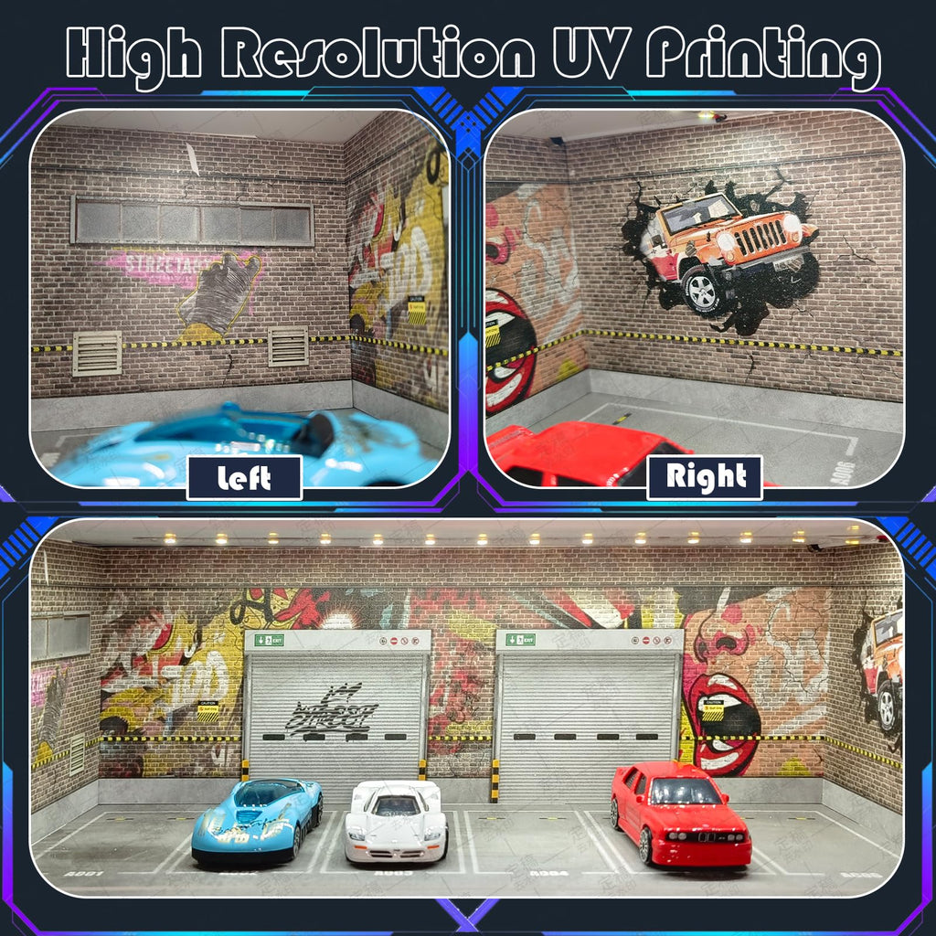 1/64 Scale Cars Display Case: Toy Car Parking Garage with LED Light Compatible with Hot Wheels, FoamBoard Storage Display for Matchbox with Acrylic Cover (Shattering World)