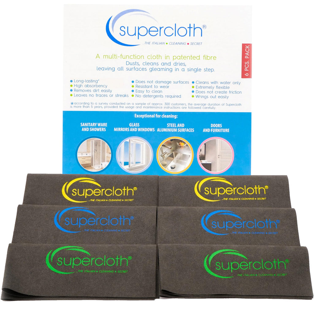 Supercloth® Premium Microfiber Cleaning Cloth for All-Purpose, Lasts Over 5 YEARS, Glasses Cleaning Cloth, Microfiber Cleaning Cloth for Cars, Magic Reusable Cloth Streak-Free 100% Made in Italy (6pk)