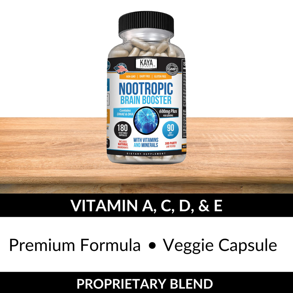 Kaya Naturals - Nootropic Brain Booster - for Memory & Focus - Brain Support Supplement - Focus & Concentration & Learning Accuracy - Cognitive Function - 180 Count (180 Count (Pack of 1)