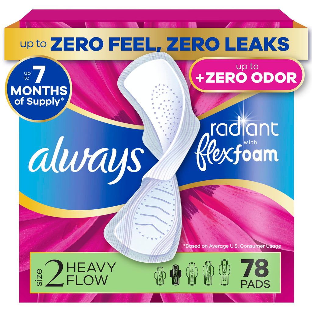Always Radiant Feminine Pads for Women, Flexfoam Pads with Wings, Size 2, Heavy Absorbency, Lightly Scented, 78 Count (3 Packs of 26)