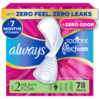 Always Radiant Feminine Pads for Women, Flexfoam Pads with Wings, Size 2, Heavy Absorbency, Lightly Scented, 78 Count (3 Packs of 26)