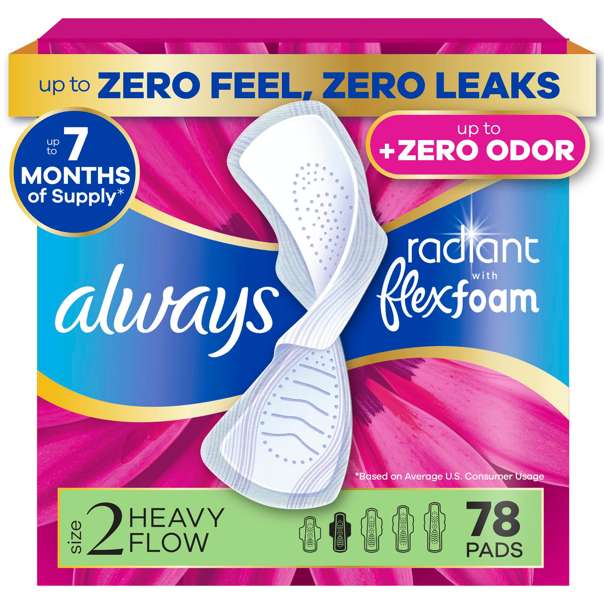 Always Radiant Feminine Pads for Women, Flexfoam Pads with Wings, Size 2, Heavy Absorbency, Lightly Scented, 78 Count (3 Packs of 26)