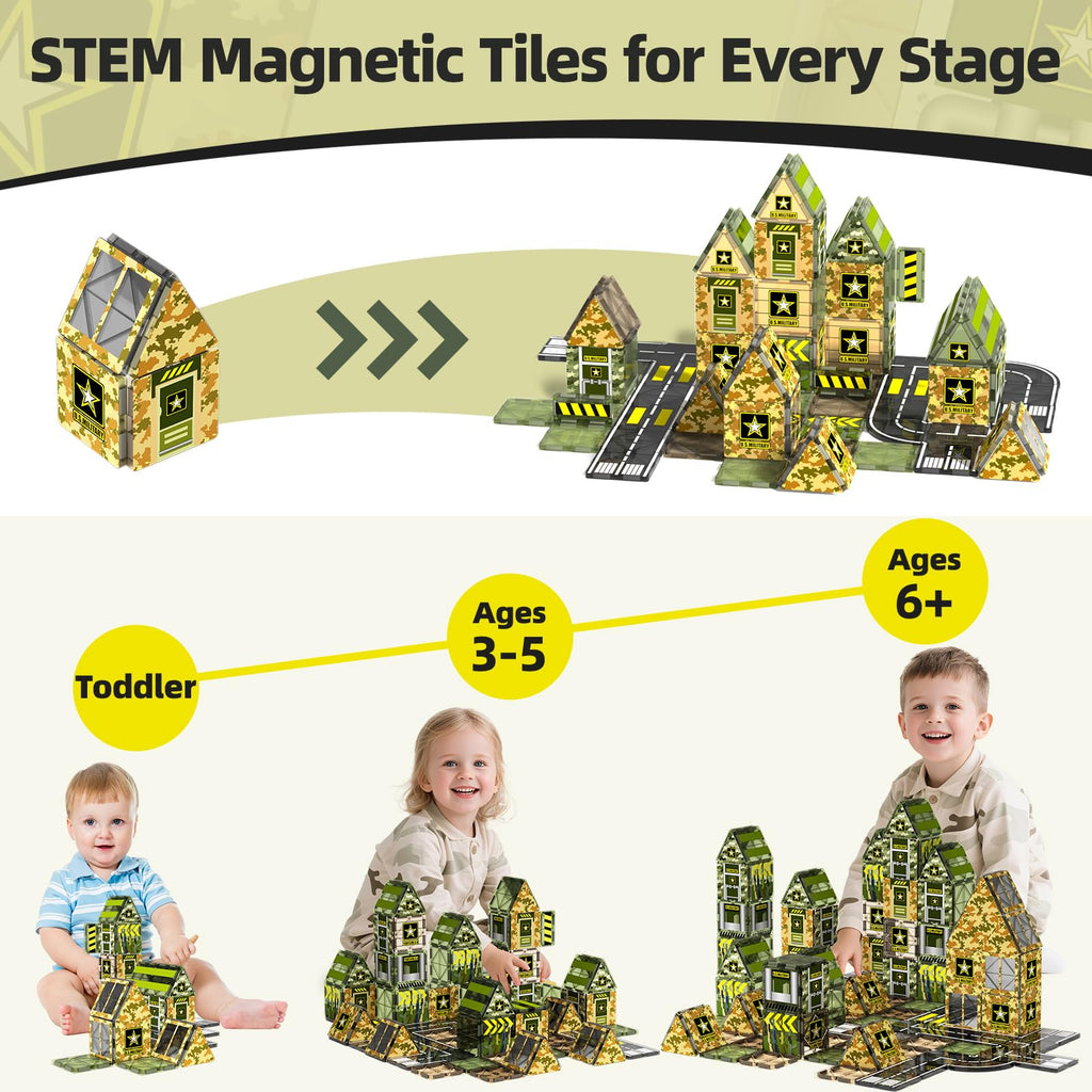 GobiDex Magnetic Tiles Army Toys, STEM Military Magnetic Building Blocks for Toddler Kids Ages 3-5 4-8, Magnet Construction Toys Birthday Gifts for 3+ Year Old Boys & Girls Army Men Playset