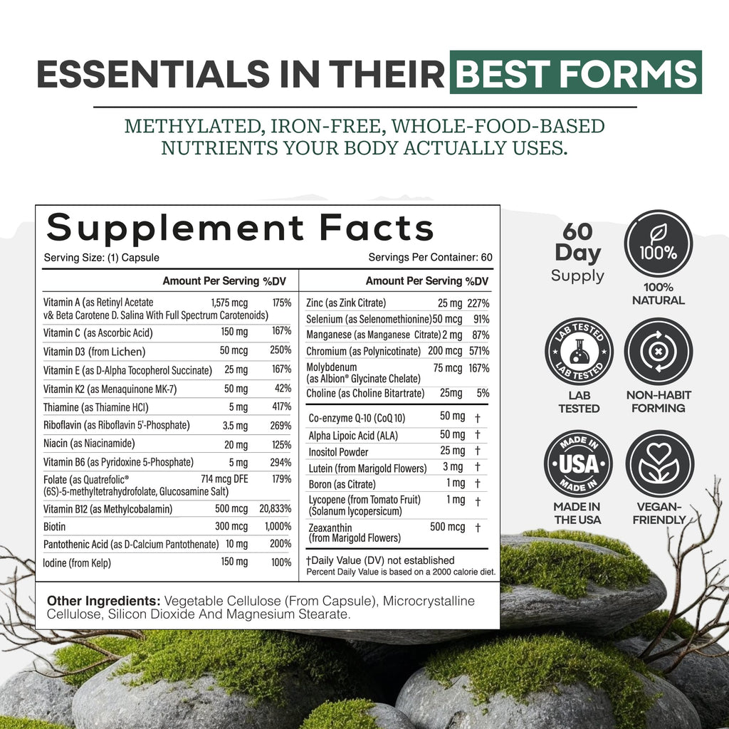 Wild Methylated Multivitamin for Women & Men | Daily Multi Vitamin | MTHFR Supplement Without Iron | Methylated B12, Folate, Vitamin C, A, K2, D, E, Choline, Biotin, ALA, CoQ10 & More (60 Capsules)