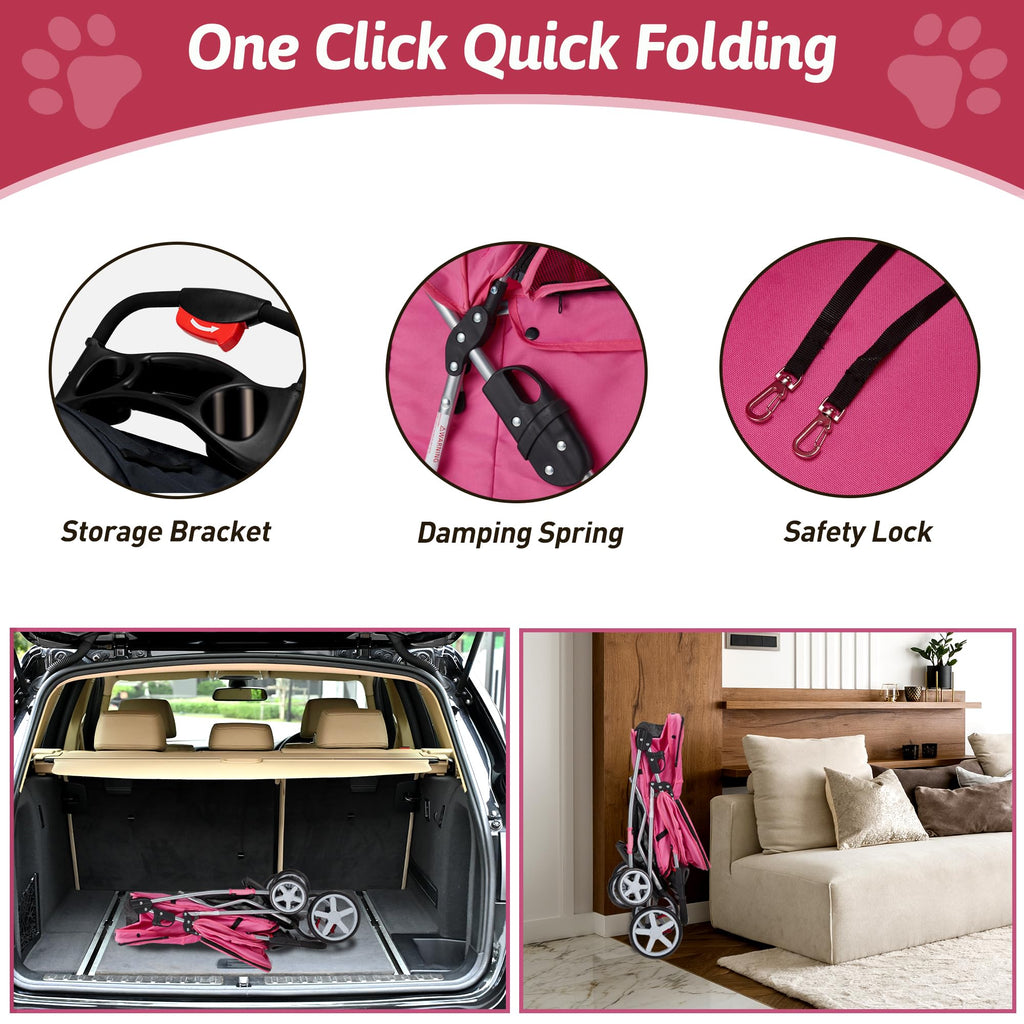 Azaeahom Pet Stroller, 4 Wheels Pet Strolling Cart for Medium/Small Dogs and Cats, Foldable Cat Jogger/Dog Stroller with Cup Holder, Storage Basket, Breathable Mesh, All-Season Pet Carrier, Pink