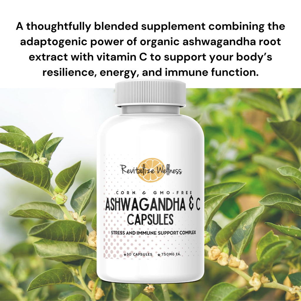 Revitalize Wellness Ashwagandha + Vitamin C Capsules | Stress and Immune Support Complex | with 550 mg Ashwagandha and 200 mg Vitamin C per Serving | 30 Servings