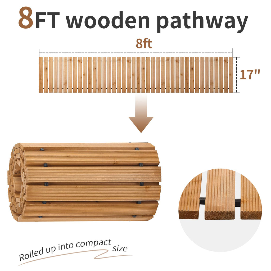 FILWH Wooden Garden Pathway Outdoor Roll-Out Walkway Weather-Resistant Fir Wood Curved or Straight Boardwalk Decorative Garden for Backyard,Beach,Wedding Party Pathways (Natural, 8FT Straight)