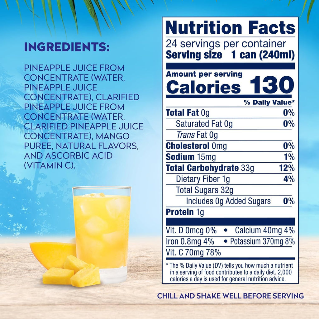 Dole 100% Pineapple Mango Juice, No Added Sugar, Excellent Source of Vitamin C, 100% Fruit Juice, Packaging May Vary, 8.0 Fl Oz (Pack of 24)