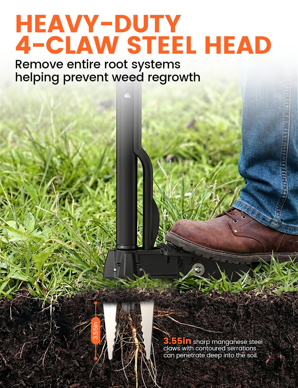 Weed Puller Tool 4-Claw Stand Up Weed Remover tools with Ergonomic Long Handle/Foldable Foot Pedal/Easy Eject,Heavy Duty Garden Weeding Tools for Dandelion,Crabgrass,Thistle–No Bending Kneeling