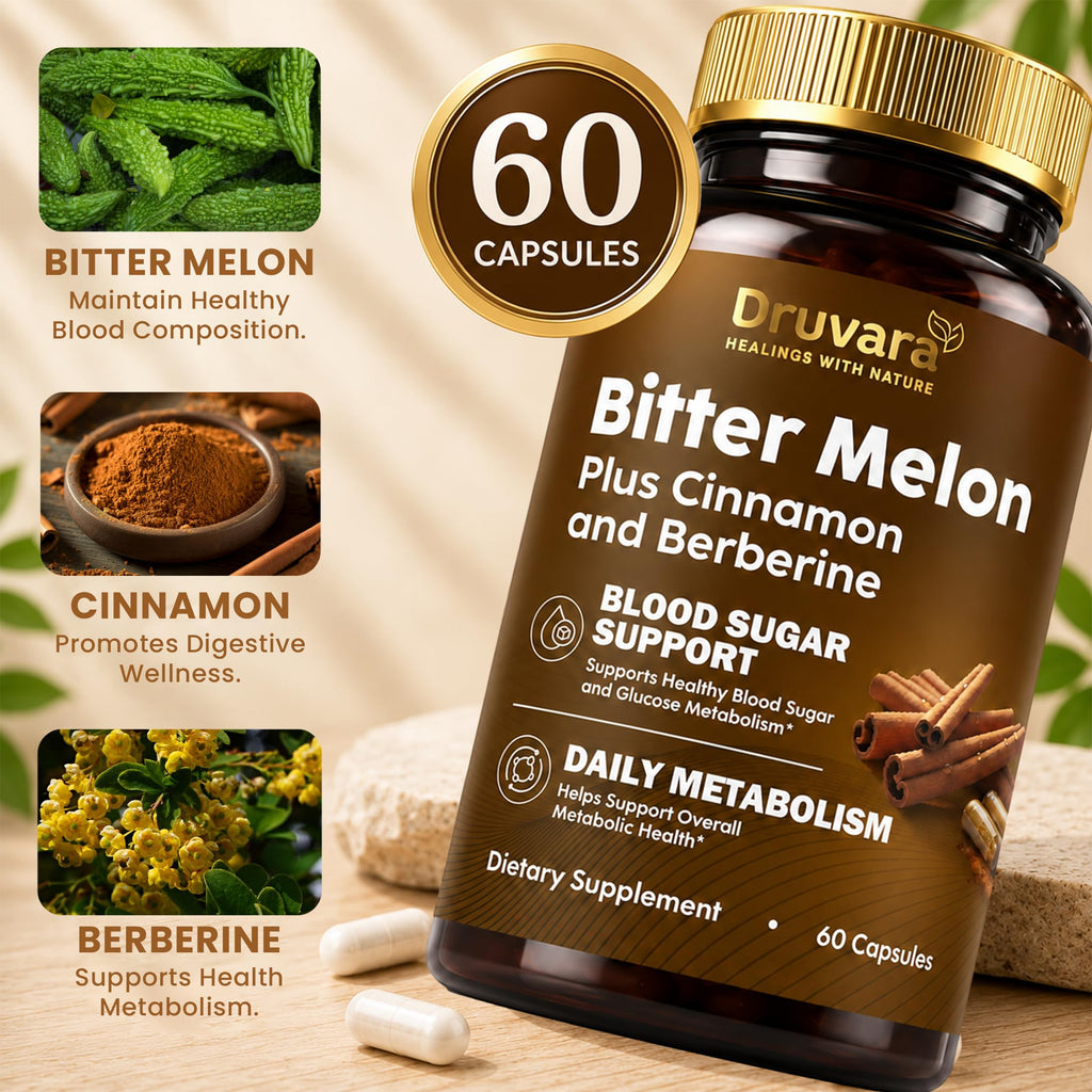 Druvara Bitter Melon Capsules with Berberine & Cinnamon, Sugar Balance, Metabolic Health & Steady Energy, with Extra Strength Bitter Melon Extract, Clean Formula, 60 Capsules
