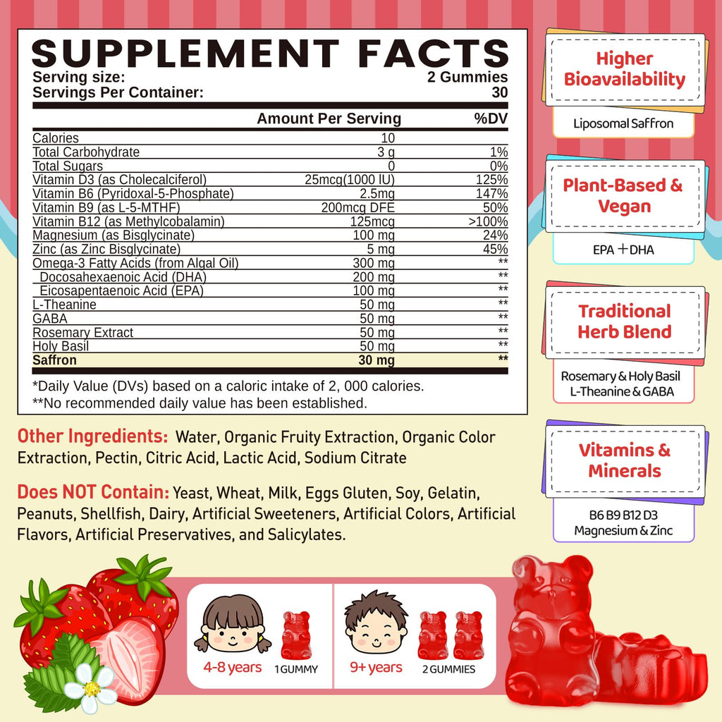 Liposomal Saffron Gummies for Kids 4+, Saffron Supplements w/Holy Basil, Rosemary, Magnesium Glycinate, Omega-3 & More, Brain Focus Support Supplement, Vegan, Organic, Sugar Free, 60 Chewables