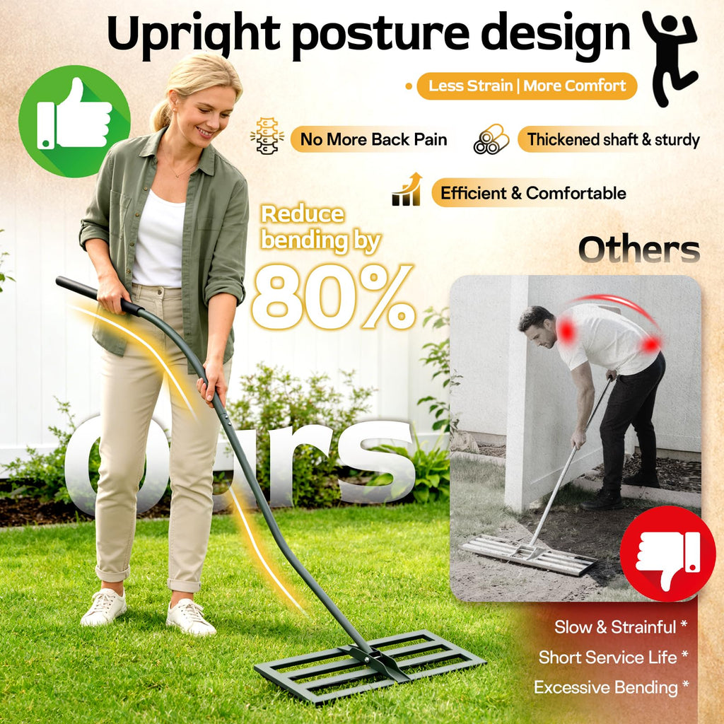 HamRoRung Lawn Leveling Rake -31.5''x11.8'' Heavy Duty Leveling Rake, Ergonomic Handle, Professional Ground Leveler for Yard, Soil, Grading, Gravel, Seeding, Do Not Hurt Turf, Save Effort