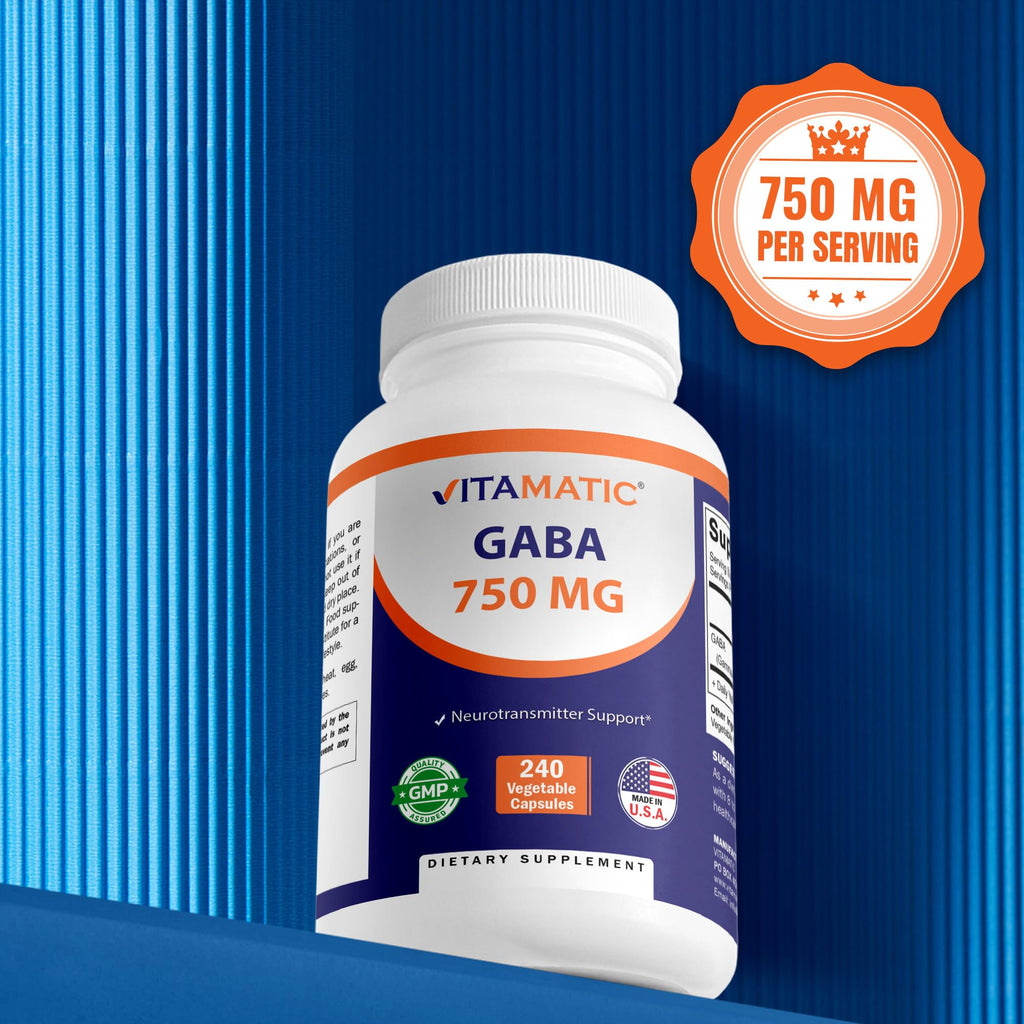 Vitamatic GABA (Gamma Aminobutyric Acid) 750mg, 240 Vegetable Capsules, 240 Servings - Non-GMO, Gluten Free