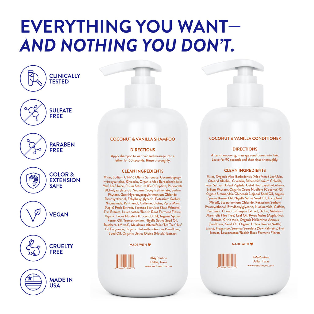 Routine Wellness Shampoo & Conditioner Set - Strengthening & Volumizing for Thinning Hair - Promotes Full, Voluminous, Healthy Hair - Coconut & Vanilla (Pack of 2)