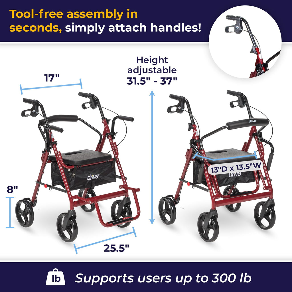 Drive Medical 795BU Duet Folding Transport Wheelchair and Rollator Walker, Burgundy