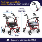 Drive Medical 795BU Duet Folding Transport Wheelchair and Rollator Walker, Burgundy