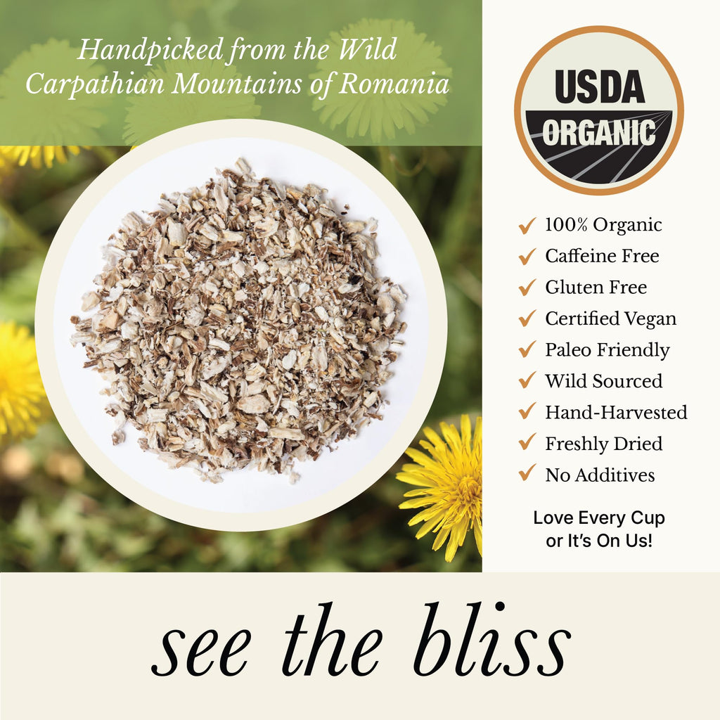 Wild Bliss Organic Wild Raw Dandelion Root Tea - Pharmacopoeia Quality Caffeine Free Herbal Detox Support - 75 Plant Based Tea Bags
