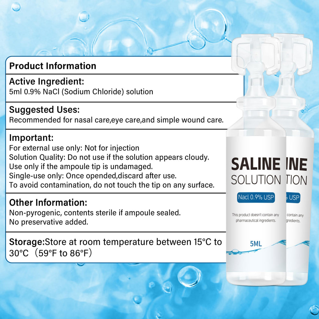 Suqaoae 0.9% Saline Solution,5ml Ampoules,100 per Box,for General Cleaning and Rinsing Use,for All Ages
