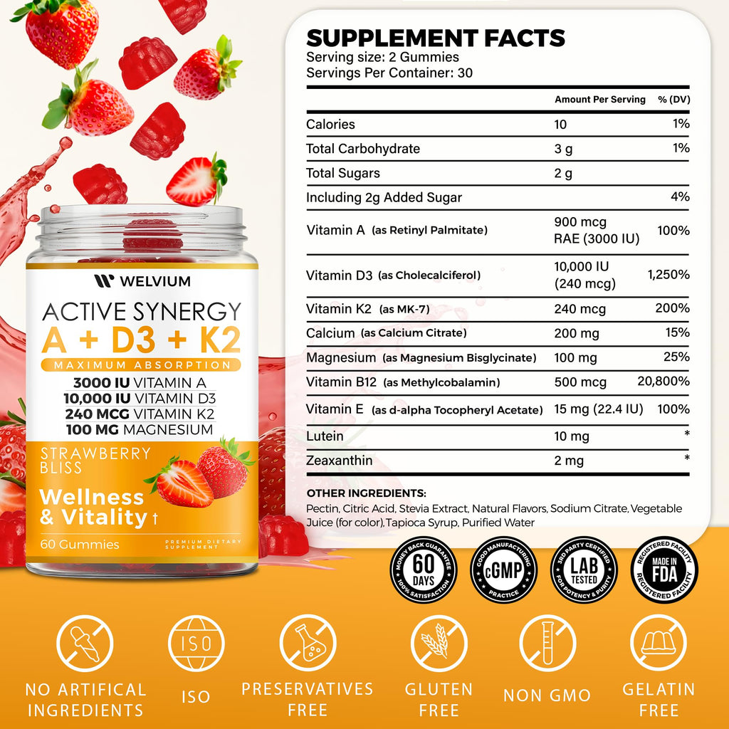 WELVIUM Vitamin D3 K2 Gummies 10000 IU with Magnesium Glycinate, Calcium, B12, K2 MK-7, Vitamins A, E, Lutein, Zeaxanthin - ADK Chewable Supplement for Bone, Eye, Immune Support - D3K2 Gummies