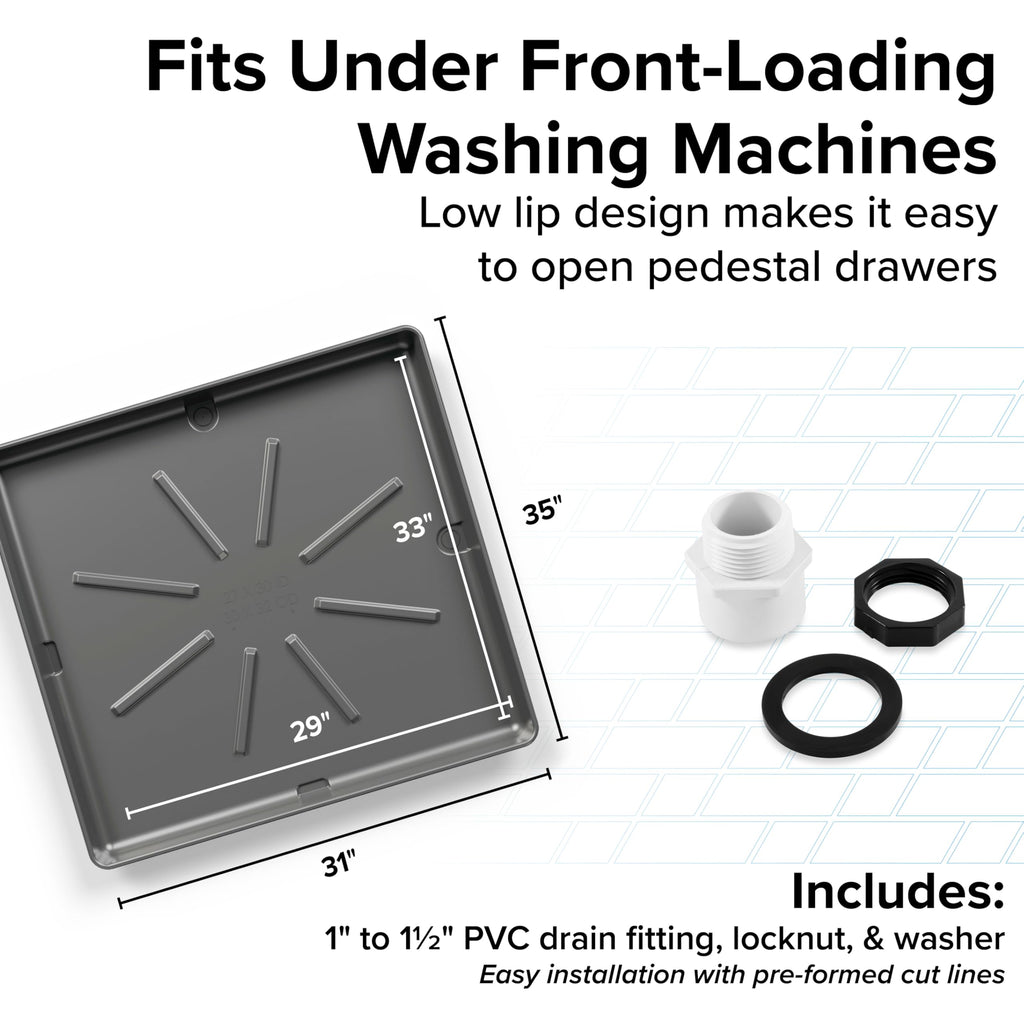 Camco Low Profile Washing Machine Drain Pan with PVC Fitting, 29 inch x 33 inch ID and 31 inch x 35 inch OD - Protects Your Floors from Washing Machine Leaks - Easy to Use - Pewter - 20788