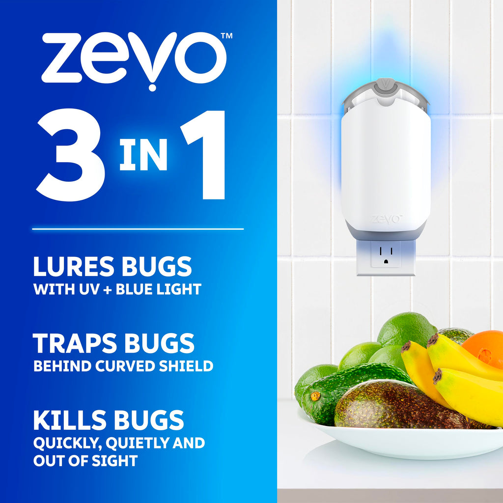 Zevo Flying Insect Traps - Plug-in Indoor Fly Trap and Bug Light Trap Refill with Blue and UV Light - No-Mess Cartridge for House Flies, Fruit Fly Trap and Gnats (2 Plug-in Bases and 4 Cartridges)